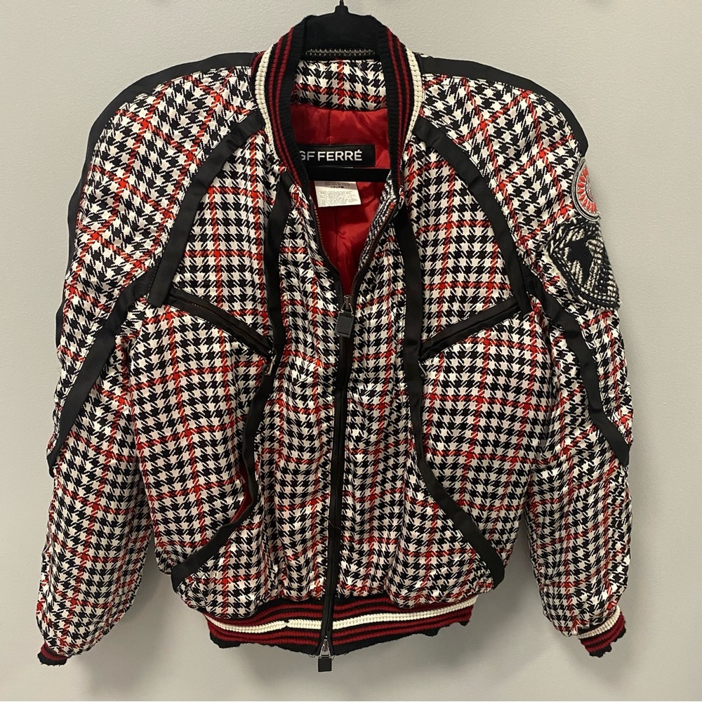 GF FERRE  unique bomber jacket, houndstooth, zip up, size XS